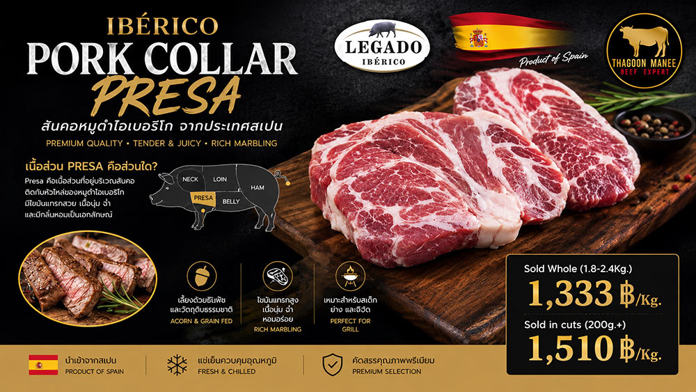 Ibérico Pork Collar Presa สันคอหมูดำไอเบอริโกนำเข้าจากสเปน เนื้อพรีเมียมลายไขมันแทรกสวย เหมาะสำหรับสเต๊ก ย่าง และร้านอาหารระดับพรีเมียม